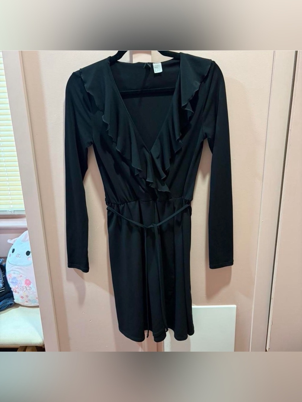 H&M Black Long-Sleeve Ruffle Wrap Dress